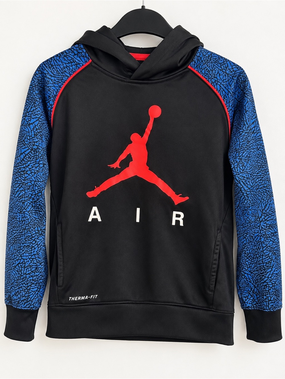 Jordan Men's Black Hoodie with Blue Patterned Sleeves and Red Jumpman